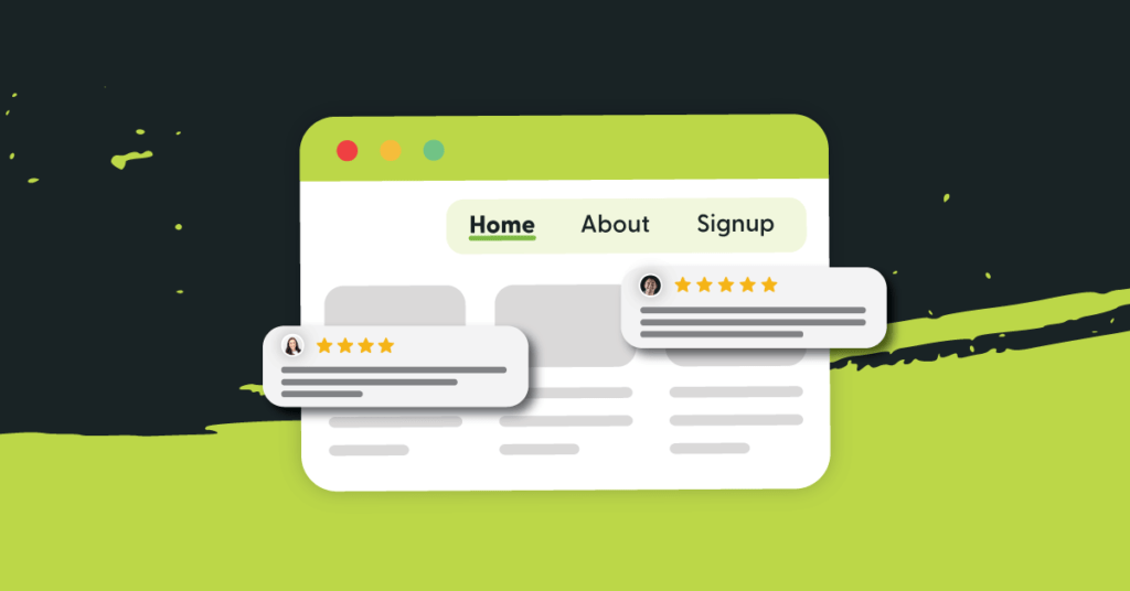 Illustration of a fitness or wellness business website with client review popups displaying star ratings and testimonials, representing online trainer reviews and social proof for trainers, coaches, and wellness professionals.